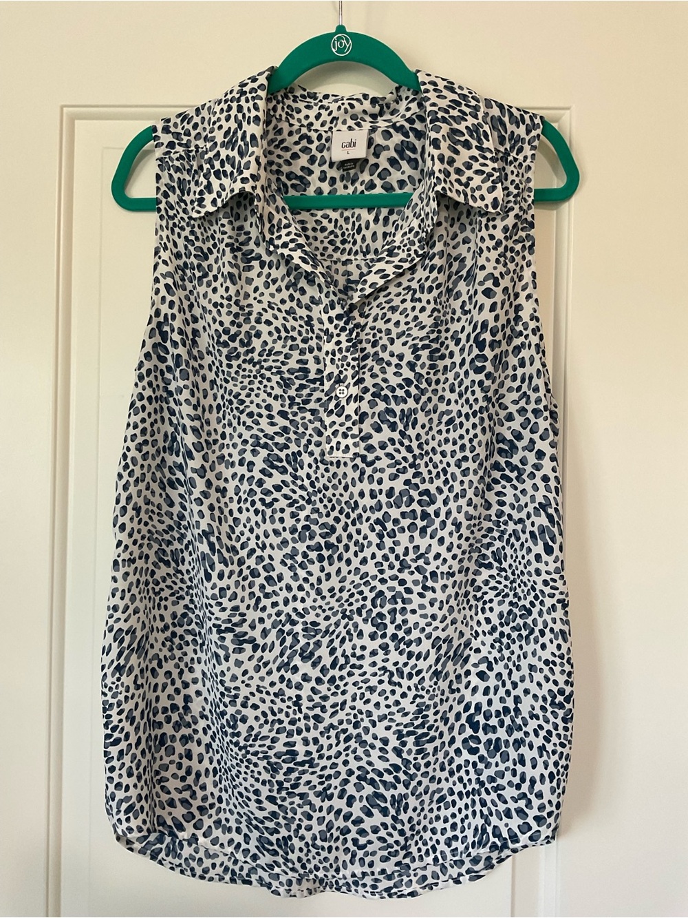 CAbi Sleeveless Collared Tank - White with Navy Spot Print